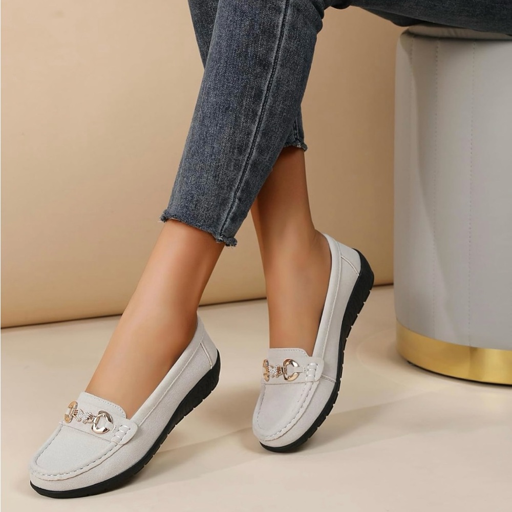 Women's White Loafers with Gold Accent
